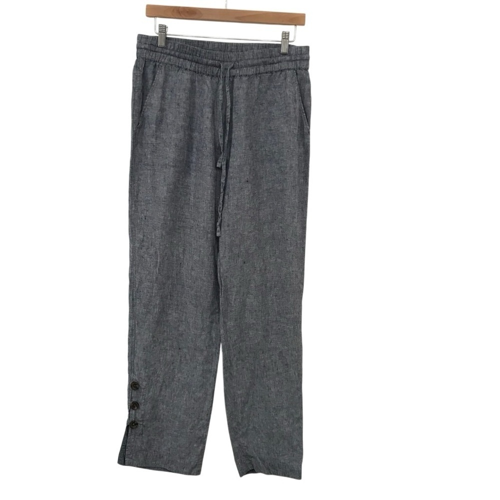 Soft Surroundings Small Kea Wide Leg Linen Pants Blue Button Detail